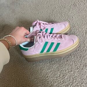 Adidas Gazelle Platform Pink Suede Sneakers with Green Stripes
